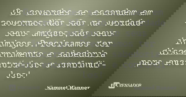 Os covardes se escondem em cavernas.Não são na verdade seus amigos,são seus inimigos.Precisamos ter discernimento e sabedoria para encontrá-los e confundi-los!... Frase de Samuel Ranner.