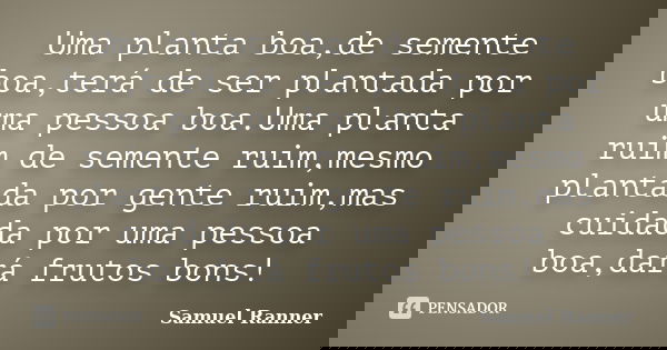 Uma planta boa,de semente boa,terá de ser plantada por uma pessoa boa.Uma planta ruim de semente ruim,mesmo plantada por gente ruim,mas cuidada por uma pessoa b... Frase de Samuel Ranner.