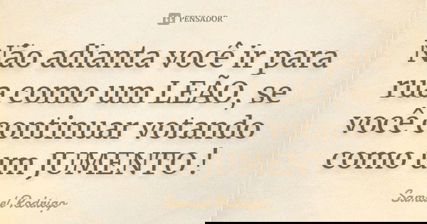 Não adianta você ir para rua como um LEÃO, se você continuar votando como um JUMENTO !... Frase de Samuel Rodrigo.