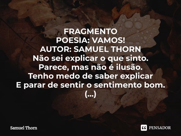 ⁠FRAGMENTO
POESIA: VAMOS!
AUTOR: SAMUEL THORN Não sei explicar o que sinto.
Parece, mas não é ilusão.
Tenho medo de saber explicar
E parar de sentir o sentiment... Frase de Samuel Thorn.