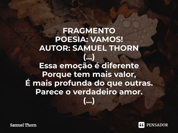 ⁠FRAGMENTO
POESIA: VAMOS!
AUTOR: SAMUEL THORN
(...)
Essa emoção é diferente
Porque tem mais valor,
É mais profunda do que outras.
Parece o verdadeiro amor.
(...... Frase de Samuel Thorn.