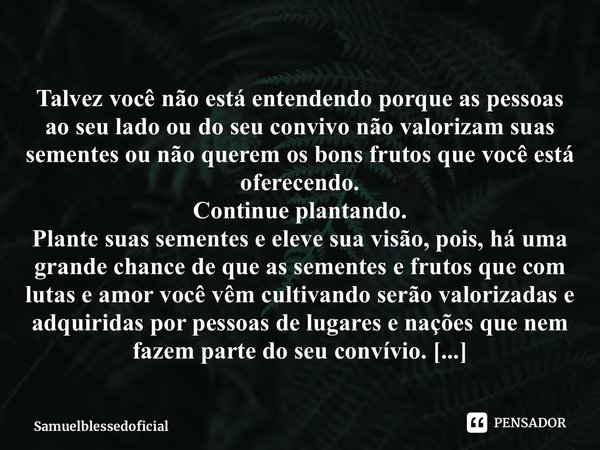 ⁠Talvez você não está entendendo porque as pessoas ao seu lado ou do seu convivo não valorizam suas sementes ou não querem os bons frutos que você está oferecen... Frase de Samuelblessedoficial.