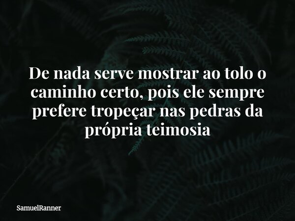 De nada serve mostrar ao tolo o caminho certo, pois ele sempre prefere tropeçar nas pedras da própria teimosia... Frase de SamuelRanner.