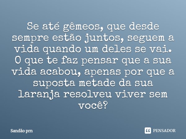 ⁠Se até gêmeos, que desde sempre estão juntos, seguem a vida quando um deles se vai. O que te faz pensar que a sua vida acabou, apenas por que a suposta metade ... Frase de Sandão prn.