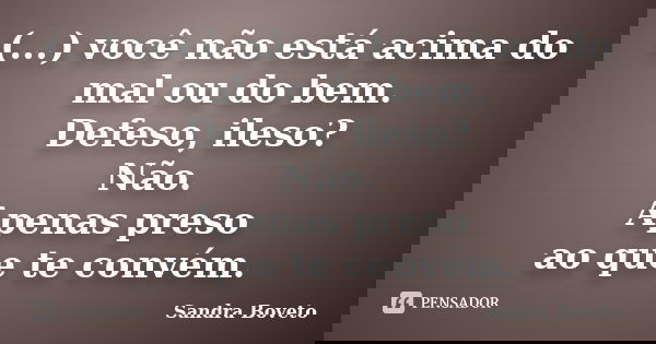 (...) você não está acima do mal ou do bem. Defeso, ileso? Não. Apenas preso ao que te convém.... Frase de Sandra Boveto.