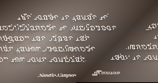 Só sabe o quão é gratificante e valoroso chegar ao topo da montanha quem realmente deu o suor em sua subida.... Frase de Sandra Campos.
