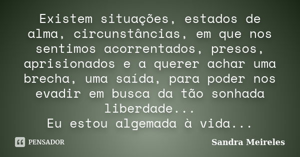 Existem situações, estados de alma, circunstâncias, em que nos sentimos acorrentados, presos, aprisionados e a querer achar uma brecha, uma saída, para poder no... Frase de Sandra Meireles.