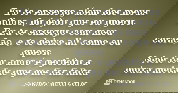 Eu te enxergo além dos meus olhos, do jeito que eu quero. Eu te enxergo com meu coração, e te deixo ali como eu quero. Nele teu amor é perfeito a outra metade q... Frase de sandra mello-flor.