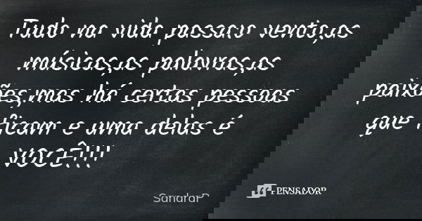 Tudo na vida passa:o vento,as músicas,as palavras,as paixões,mas há certas pessoas que ficam e uma delas é VOCÊ!!!... Frase de SandraP.