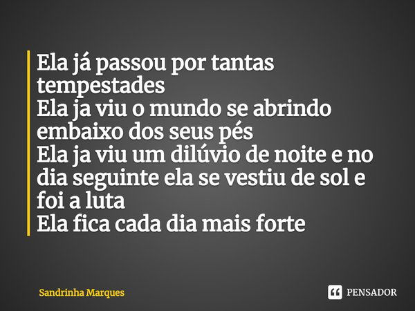 ⁠Ela já passou por tantas tempestades
Ela ja viu o mundo se abrindo embaixo dos seus pés
Ela ja viu um dilúvio de noite e no dia seguinte ela se vestiu de sol e... Frase de Sandrinha Marques.