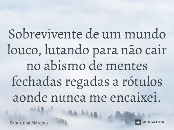 ⁠Sobrevivente de um mundo louco, lutando para não cair no abismo de mentes fechadas regadas a rótulos aonde nunca me encaixei.... Frase de Sandrinha Marques.