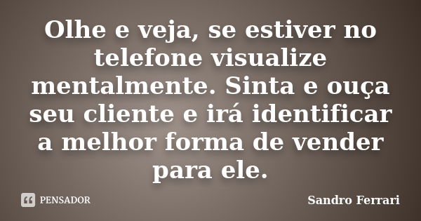 Olhe e veja, se estiver no telefone visualize mentalmente. Sinta e ouça seu cliente e irá identificar a melhor forma de vender para ele.... Frase de Sandro Ferrari.