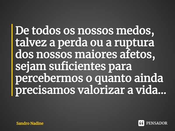 ⁠De todos os nossos medos, talvez a perda ou a ruptura dos nossos maiores afetos, sejam suficientes para percebermos o quanto ainda precisamos valorizar a vida.... Frase de Sandro Nadine.