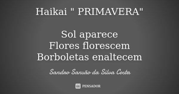 Haikai " PRIMAVERA" Sol aparece Flores florescem Borboletas enaltecem... Frase de Sandro Sansão da Silva Costa.