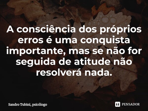 ⁠A consciência dos próprios erros é uma conquista importante, mas se não for seguida de atitude não resolverá nada.... Frase de Sandro Tubini, psicólogo.