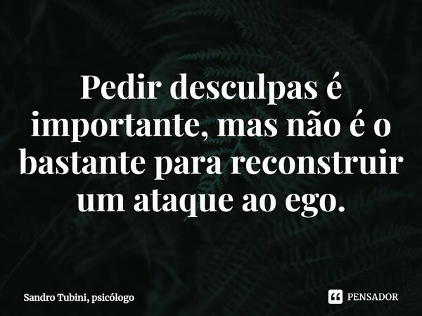 ⁠Pedir desculpas é importante, mas não é o bastante para reconstruir um ataque ao ego.... Frase de Sandro Tubini, psicólogo.