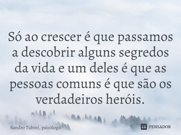 ⁠Só ao crescer é que passamos a descobrir alguns segredos da vida e um deles é que as pessoas comuns é que são os verdadeiros heróis.... Frase de Sandro Tubini, psicólogo.