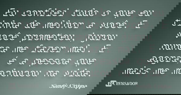 Eu confiei tudo o que eu tinha de melhor a você. E você prometeu, jurou nunca me fazer mal. E agora, é a pessoa que mais me machucou na vida.... Frase de Sandy Crippa.