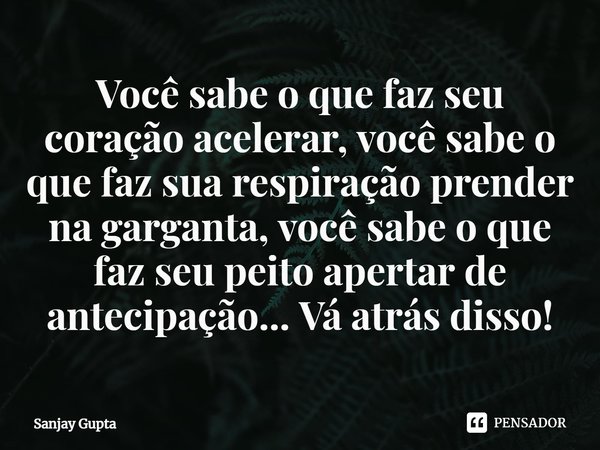 ⁠Você sabe o que faz seu coração acelerar, você sabe o que faz sua respiração prender na garganta, você sabe o que faz seu peito apertar de antecipação... Vá at... Frase de Sanjay Gupta.