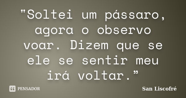 "Soltei um pássaro, agora o observo voar. Dizem que se ele se sentir meu irá voltar.”... Frase de San Liscofré.