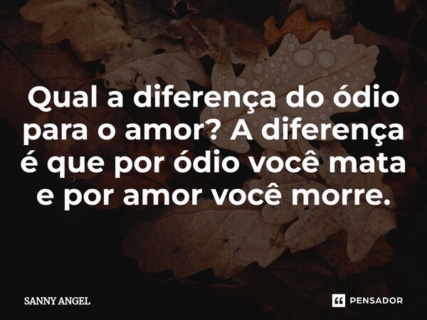 ⁠Qual a diferença do ódio para o amor? A diferença é que por ódio você mata e por amor você morre.... Frase de sanny angel.