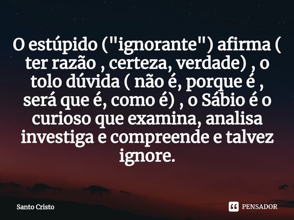 ⁠O estúpido ( "ignorante") afirma ( ter razão , certeza, verdade) , o tolo dúvida ( não é, porque é , será que é, como é) , o Sábio é o curioso que ex... Frase de Santo Cristo.
