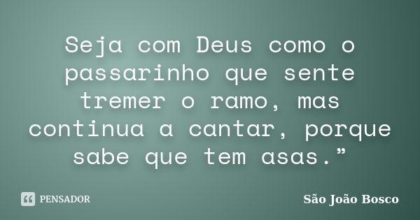 Seja com Deus como o passarinho que sente tremer o ramo, mas continua a cantar, porque sabe que tem asas.”... Frase de São João Bosco.