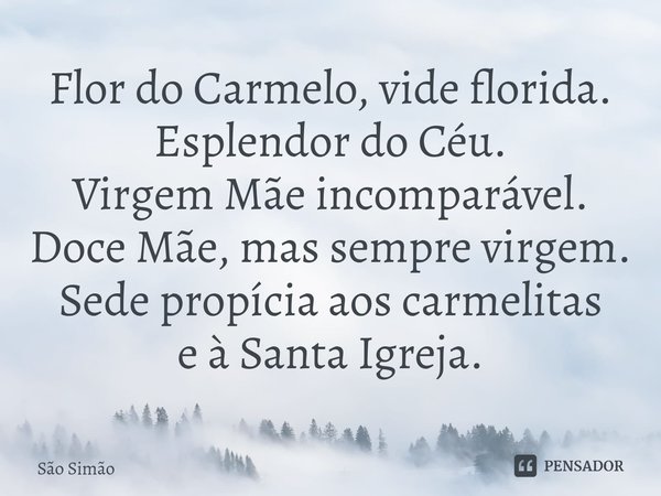 Flor do Carmelo, vide florida.
Esplendor do Céu.
Virgem Mãe incomparável.
Doce Mãe, mas sempre virgem.
Sede propícia aos carmelitas
e à Santa Igreja.... Frase de São Simão.