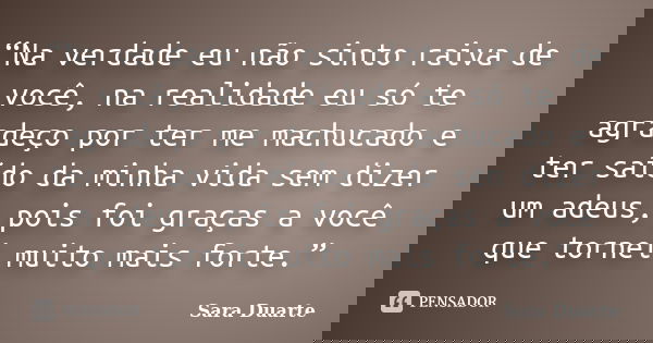 “Na verdade eu não sinto raiva de você, na realidade eu só te agradeço por ter me machucado e ter saído da minha vida sem dizer um adeus, pois foi graças a você... Frase de Sara Duarte.