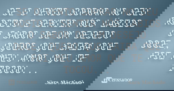 SE O VENTO SOPRAR NO SEU ROSTO E SENTIR NÓS LÁBIOS O SABOR DE UM DESEJO DOCE, QUERO QUE SAIBA QUE FOI MEU AMOR QUE TE TOCOU...... Frase de Sara Machado.