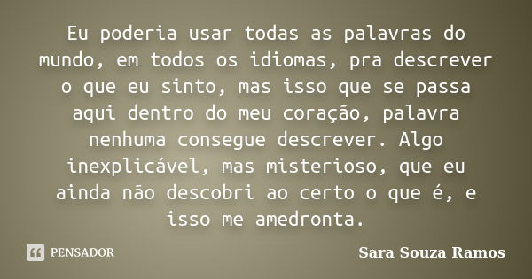 Eu poderia usar todas as palavras do mundo, em todos os idiomas, pra descrever o que eu sinto, mas isso que se passa aqui dentro do meu coração, palavra nenhuma... Frase de Sara Souza Ramos.