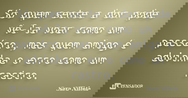 Só quem sente a dor pode vê-la voar como um passáro, mas quem amigo é advinha o erro como um rastro.... Frase de Sara Villela.