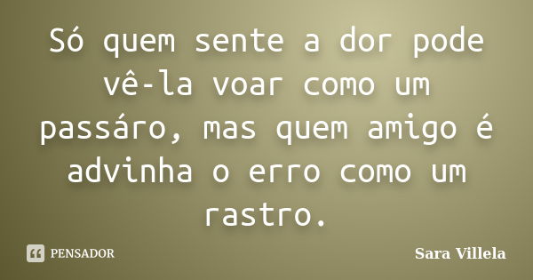 Só quem sente a dor pode vê-la voar como um passáro, mas quem amigo é advinha o erro como um rastro.... Frase de Sara Villela.