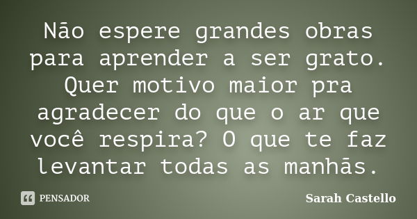 Não espere grandes obras para aprender a ser grato. Quer motivo maior pra agradecer do que o ar que você respira? O que te faz levantar todas as manhãs.... Frase de Sarah Castello.