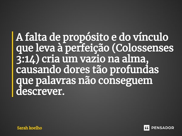 ⁠A falta de propósito e do vínculo que leva à perfeição (Colossenses 3:14) cria um vazio na alma, causando dores tão profundas que palavras não conseguem descre... Frase de Sarah Koelho.