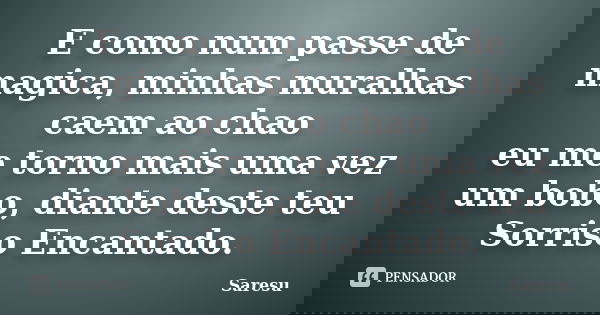 E como num passe de magica, minhas muralhas caem ao chao eu me torno mais uma vez um bobo, diante deste teu Sorriso Encantado.... Frase de Saresu.
