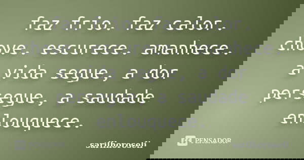 faz frio. faz calor. chove. escurece. amanhece. a vida segue, a dor persegue, a saudade enlouquece.... Frase de sarilhoroseli.