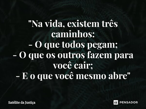 ⁠"Na vida, existem três caminhos: - O que todos pegam; - O que os outros fazem para você cair; - E o que você mesmo abre"... Frase de Satélite da Justiça.