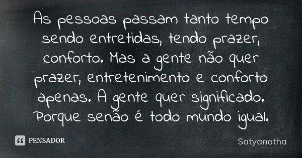 As pessoas passam tanto tempo sendo entretidas, tendo prazer, conforto. Mas a gente não quer prazer, entretenimento e conforto apenas. A gente quer significado.... Frase de Satyanatha.