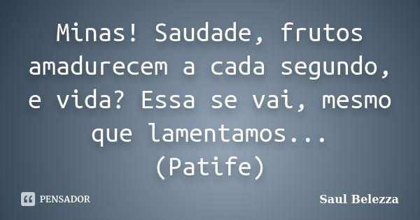 Minas! Saudade, frutos amadurecem a cada segundo, e vida? Essa se vai, mesmo que lamentamos... (Patife)... Frase de Saul Belezza.