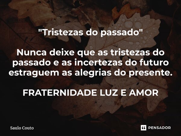 "Tristezas do passado" ⁠Nunca deixe que as tristezas do passado e as incertezas do futuro estraguem as alegrias do presente. FRATERNIDADE LUZ EAMOR... Frase de Saulo Couto.