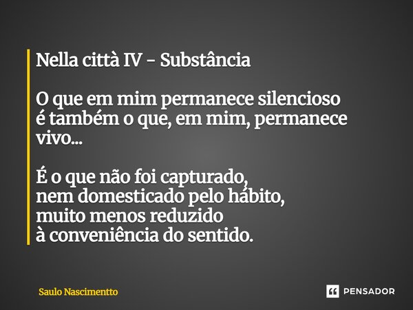 ⁠Nella città IV - Substância O que em mim permanece silencioso é também o que, em mim, permanece vivo... É o que não foi capturado, nem domesticado pelo hábito,... Frase de Saulo Nascimentto.