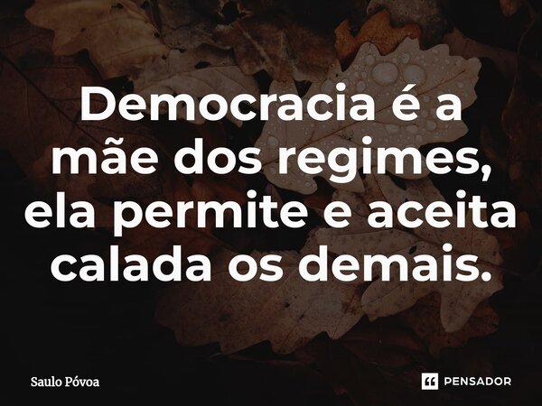 ⁠Democracia é a mãe dos regimes, ela permite e aceita calada os demais.... Frase de Saulo Póvoa.