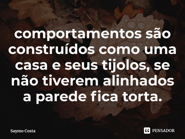⁠comportamentos são construídos como uma casa e seus tijolos, se não tiverem alinhados a parede fica torta.... Frase de Saymo Costa.