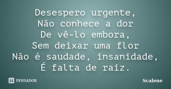 Desespero urgente, Não conhece a dor De vê-lo embora, Sem deixar uma flor Não é saudade, insanidade, É falta de raiz.... Frase de Scalene.