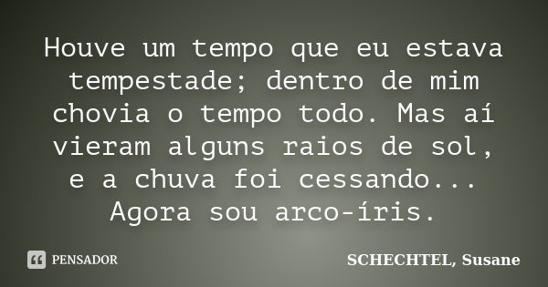 Houve um tempo que eu estava tempestade; dentro de mim chovia o tempo todo. Mas aí vieram alguns raios de sol, e a chuva foi cessando... Agora sou arco-íris.... Frase de SCHECHTEL, Susane.