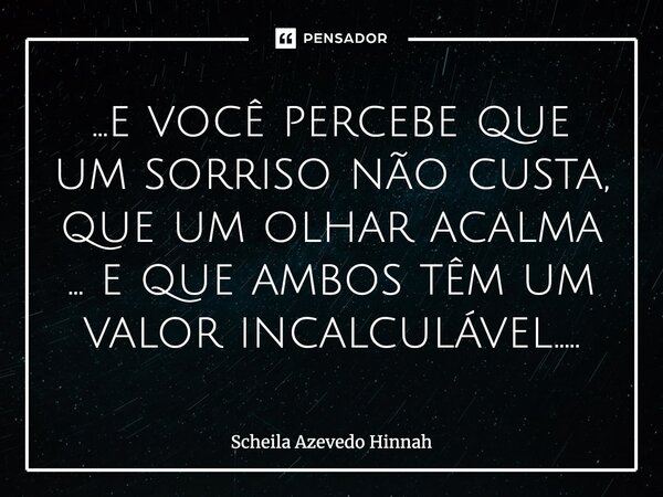 ⁠...e você percebe que um sorriso não custa, que um olhar acalma ... e que ambos têm um valor incalculável........ Frase de Scheila Azevedo Hinnah.