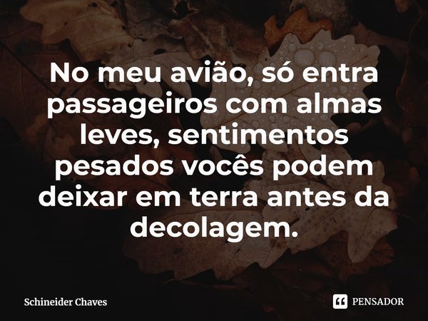 ⁠No meu avião, só entra passageiros com almas leves, sentimentos pesados vocês podem deixar em terra antes da decolagem.... Frase de Schineider Chaves.