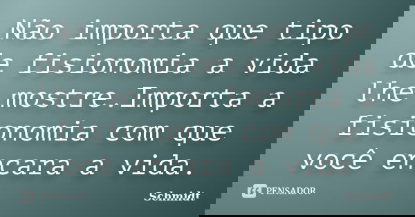 Não importa que tipo de fisionomia a vida lhe mostre.Importa a fisionomia com que você encara a vida.... Frase de Schmidt.