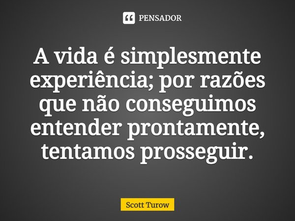 ⁠A vida é simplesmente experiência; por razões que não conseguimos entender prontamente, tentamos prosseguir.... Frase de Scott Turow.